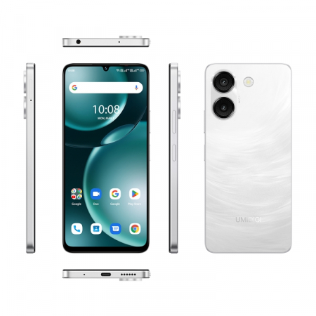 Mobiltelefon UMIDIGI G9A, Fehér, 4G, 6,75" HD+, 8GB RAM (4GB + 4GB bővíthető), 64GB ROM, Android 14 Go, 13 MP Ultra-Clear AI kamera, 5000 mAh, Dual SIM [1]