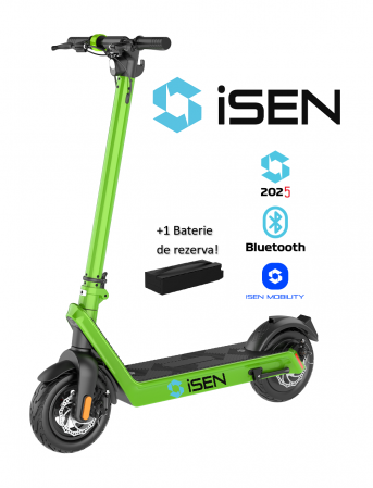 Robogó - Összecsukható Elektromos Roller Csomag iSEN X9 Plus 2025 Zöld, Alkalmazás, Bluetooth, 850W, akár 130 km hatótáv, akár 40 km/h sebesség, kivehető 15.6Ah akkumulátor + 1 további X9 Plus 36V akkumulátor