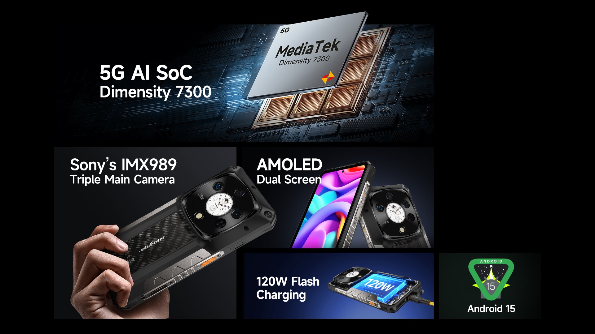 Ulefone Armor 28 Pro 5G AMOLED Dual Display 32GB RAM 512GB ROM 50MP Triple Camera 64MP Night Vision Dimensity 7300 6.67 inch 120Hz 10600mAh 120W Fast Charge 50W Wireless Charge WiFi 6E NFC IP68 IP69K Waterproof Rugged Smartphone