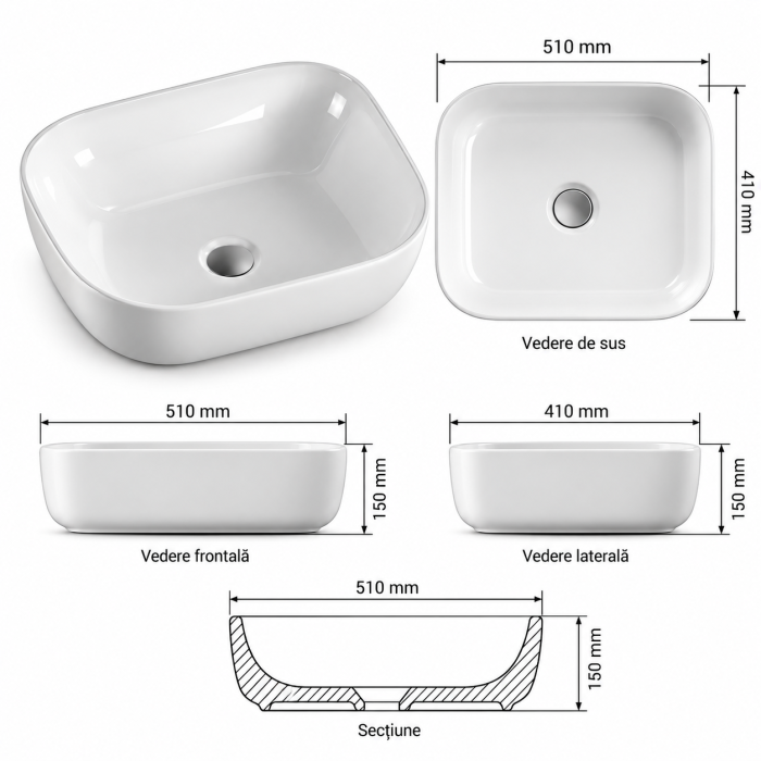 Lavoar ceramic pe blat Duxu Den Alb 51x41 cm lucios [3]