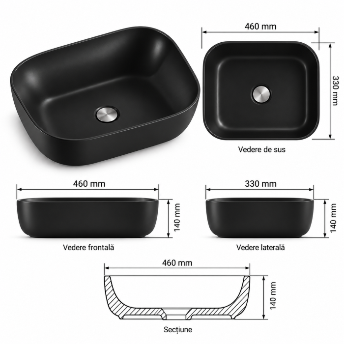 Lavoar ceramic pe blat Duxu Freddo Negru 46x33 cm [3]