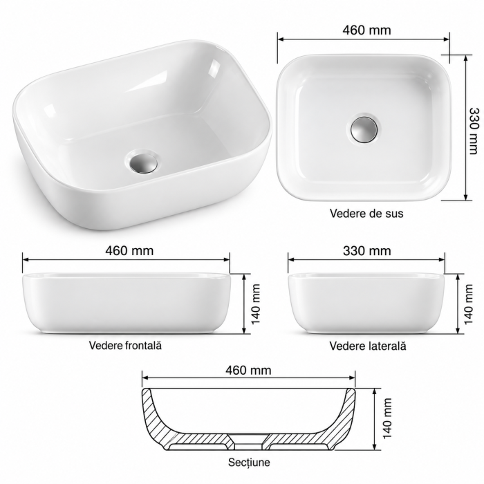 Lavoar ceramic pe blat Duxu Freddo Alb 46x33 cm lucios [3]