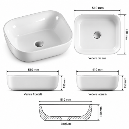 Lavoar ceramic pe blat Duxu Den Alb 51x41 cm lucios [2]
