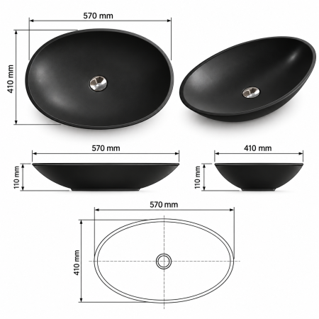 Lavoar de blat oval Duxu Bianco negru din compozit [4]