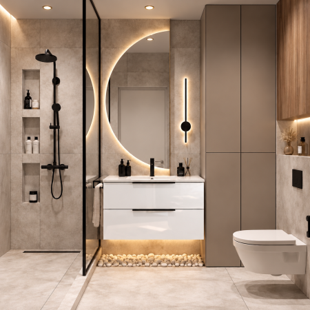 Mobilier baie - Mobilier de lavoar suspendat alb lucios Duxu Edil cu manere negre