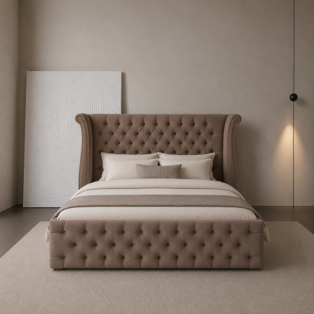 Paturi Chesterfield - Pat dublu tapitat Amara, cu somiera metalica rabatabila si spatiu de depozitare