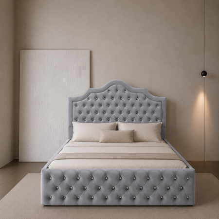 Paturi Chesterfield - Pat dublu tapitat Seraphine Deluxe cu nasturi sticla, somiera rabatabila si spatiu de depozitare
