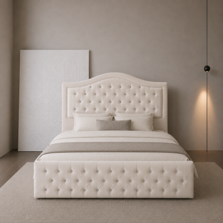 Paturi Chesterfield - Pat dublu tapitat Juliette Deluxe cu nasturi sticla si somiera rabatabila