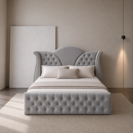 Paturi Chesterfield - Pat dublu tapitat Bellamy Deluxe cu cristale, somiera metalica rabatabila si spatiu de depozitare