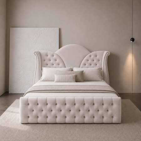 Paturi Chesterfield - Pat dublu tapitat Bellamy Deluxe cu nasturi tapitati, somiera metalica rabatabila si spatiu de depozitare