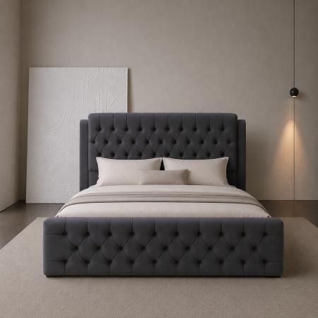Paturi Chesterfield - Pat dublu tapitat Margot cu nasturi tapitati, somiera metalica rabatabila si spatiu de depozitare