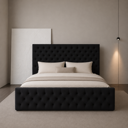 Paturi Chesterfield - Pat dublu tapitat Monique cu somiera metalica rabatabila si spatiu de depozitare