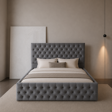 Paturi Chesterfield - Pat dublu tapitat Monique Deluxe cu somiera metalica rabatabila si spatiu de depozitare
