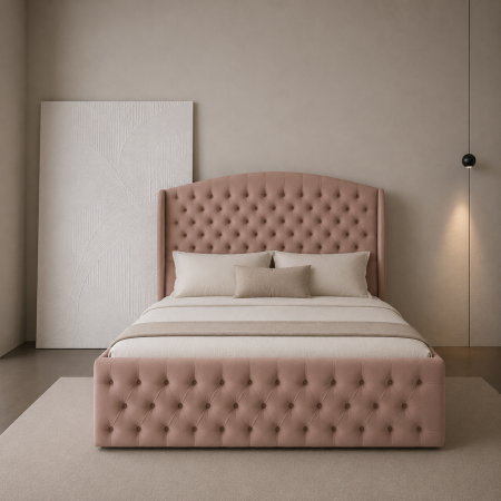 Paturi Chesterfield - Pat dublu tapitat Rosalie Deluxe cu somiera metalica rabatabila si spatiu de depozitare