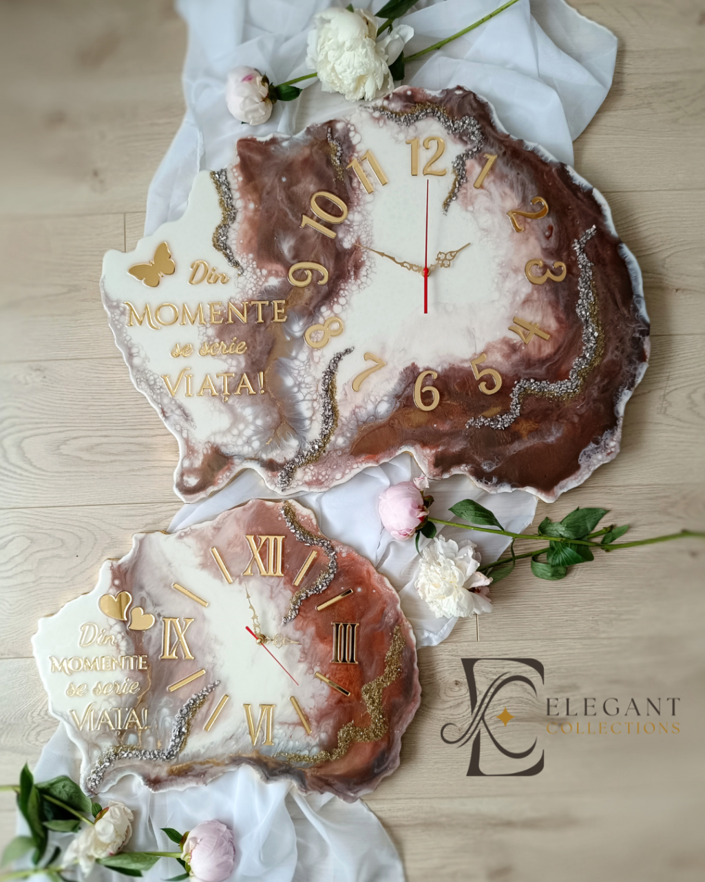 Ceas de perete handmade din rășină – Bijoux Bej Diamond Auriu, unicat [10]
