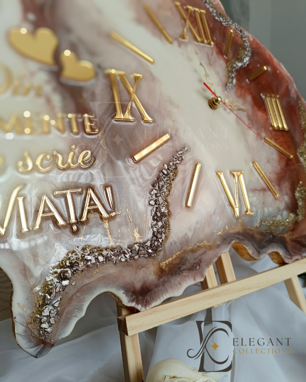 Ceas de perete handmade din rășină – Bijoux Bej Diamond Auriu, unicat [7]