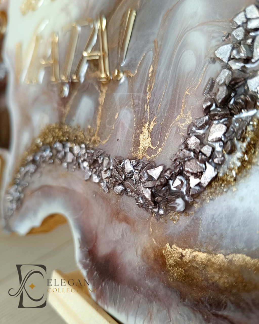 Ceas de perete handmade din rășină – Bijoux Bej Diamond Auriu, unicat [6]