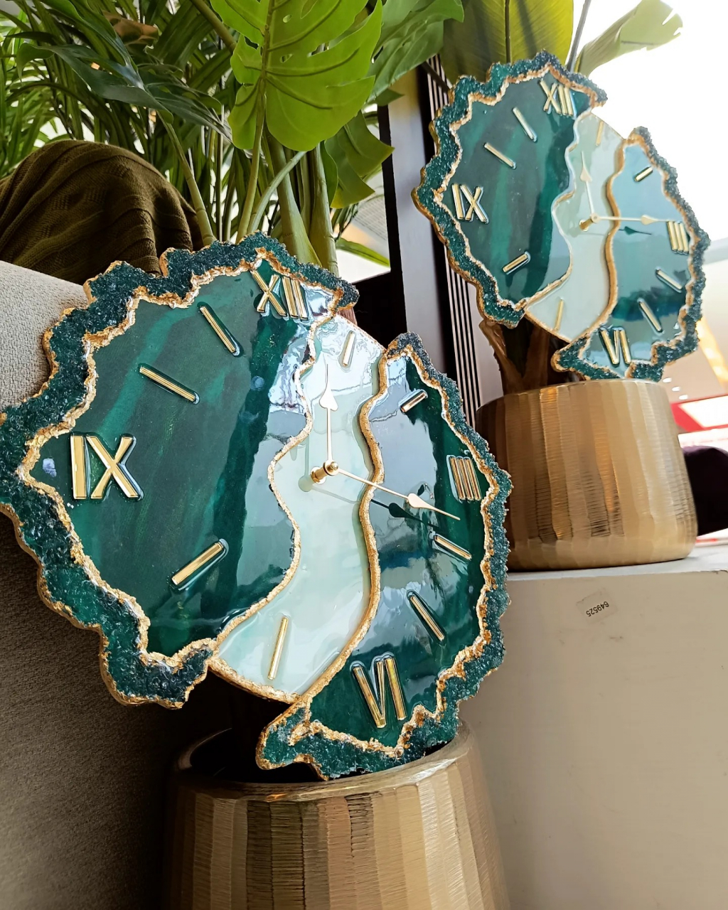 Ceas de perete handmade rasina epoxidica – Butterfly Simetric Smarald Auriu, unicat 55 cm [2]