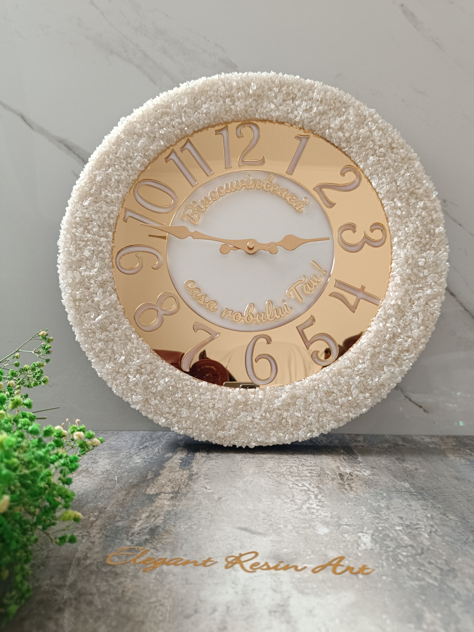 Ceas de perete handmade din rășină – Geode Monocrom Alb Diamond, unicat 40–90 cm [1]