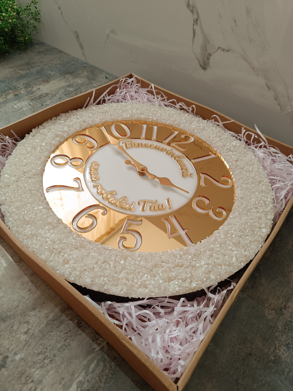 Ceas de perete handmade din rășină – Geode Monocrom Alb Diamond, unicat 40–90 cm [7]