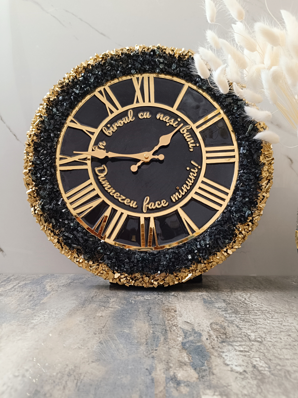 Ceas de perete handmade rășină epoxidică – Geode Monocrom Negru Auriu, unicat 40–90 cm [6]