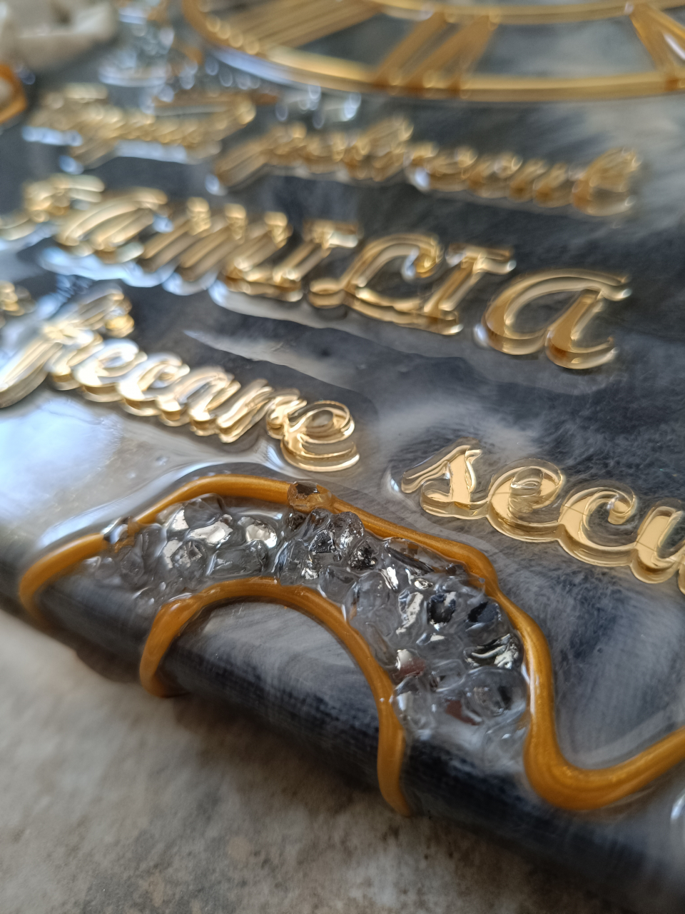 Ceas de perete handmade rasina epoxidica – Marbled Canvas Negru Auriu Stone, unicat [9]