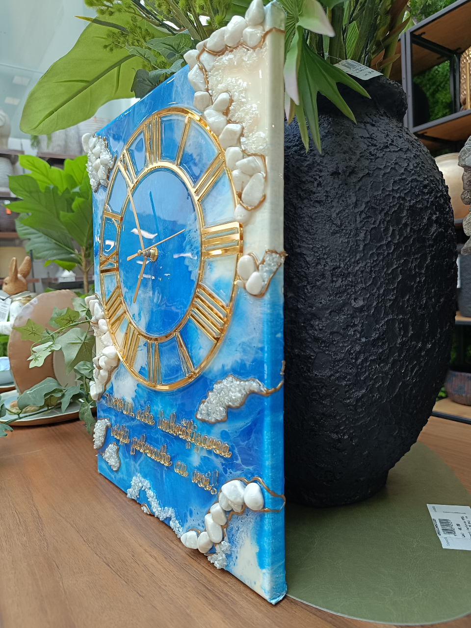 Ceas de perete handmade rășină epoxidică – Ocean Bleu Marin și Pietre Albe, unicat 30x40 / 50x70 cm [6]