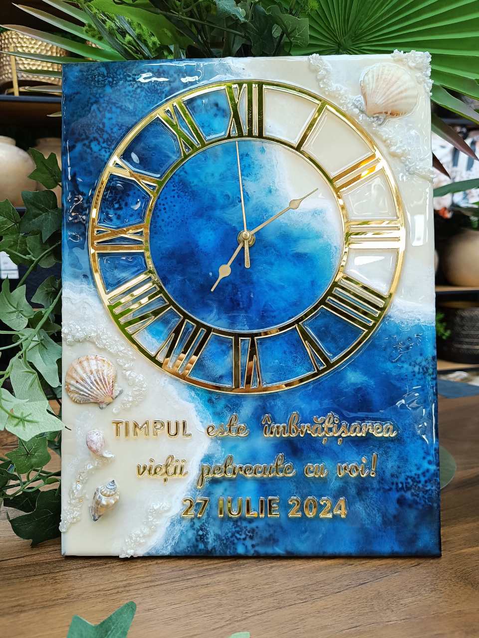 Ceas de perete handmade rășină epoxidică – Marbled Canvas Ocean Bleu Marin și Scoici, unicat 30×40 / 50×70 cm [1]