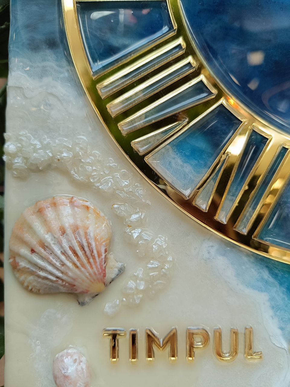 Ceas de perete handmade rășină epoxidică – Marbled Canvas Ocean Bleu Marin și Scoici, unicat 30×40 / 50×70 cm [11]