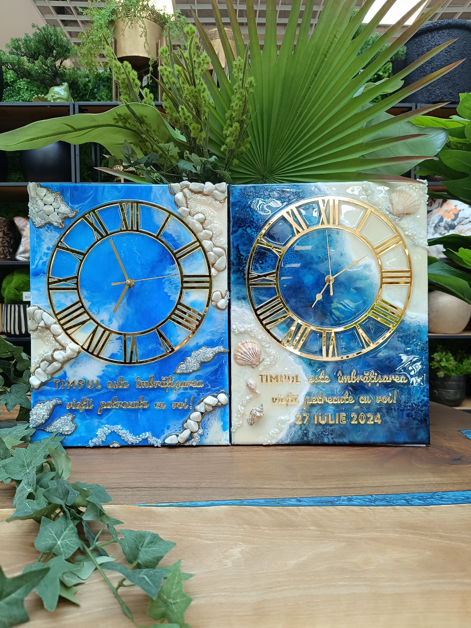 Ceas de perete handmade rășină epoxidică – Marbled Canvas Ocean Bleu Marin și Scoici, unicat 30×40 / 50×70 cm [12]