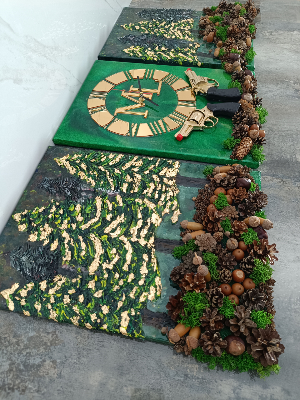 Ceas de perete handmade rasina epoxidica – Triptic Marbled Canvas Forestier, unicat 3 piese 30x40 cm [6]