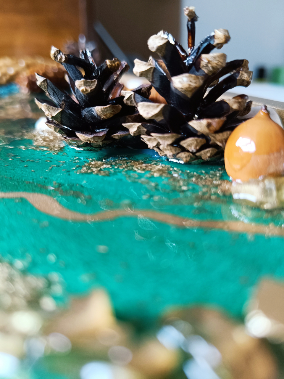 Ceas de perete handmade rasina epoxidica – Marbled Canvas Verde Smarald Nature, unicat 30x40 / 50x70 cm [8]