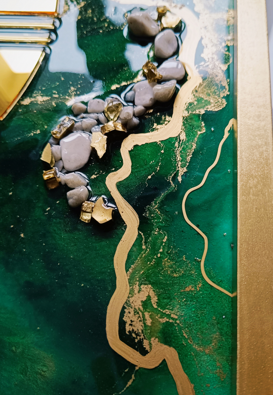 Ceas de perete handmade rasina epoxidica – Marbled Canvas Verde Smarald Nature, unicat 30x40 / 50x70 cm [6]