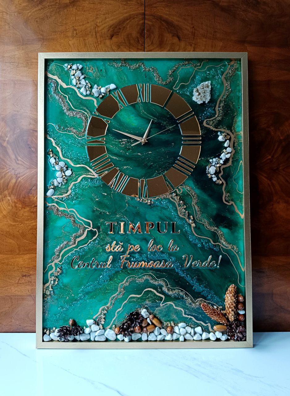 Ceas de perete handmade rasina epoxidica – Marbled Canvas Verde Smarald Nature, unicat 30x40 / 50x70 cm [2]