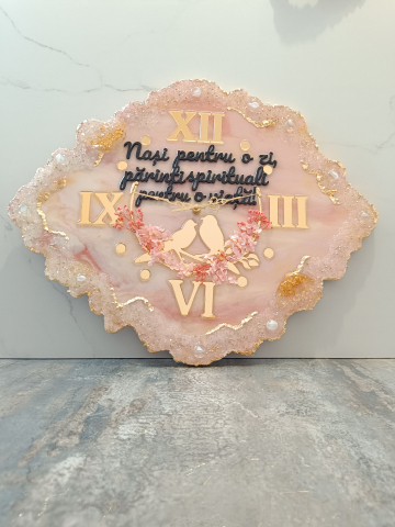 Bijoux - Ceas de perete handmade din rășină – Bijoux Rombe Roz Pal Auriu, unicat