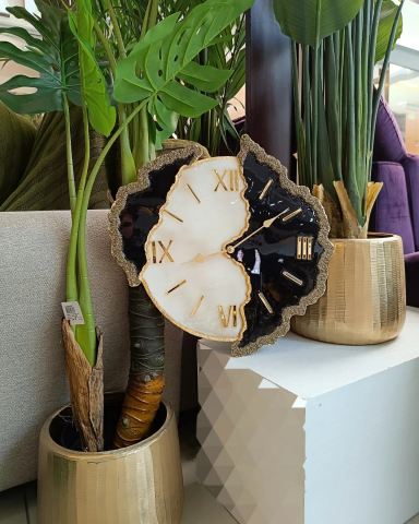 Ceas de perete handmade rasina epoxidica – Butterfly Asimetric Negru Auriu, unicat 45 cm [2]