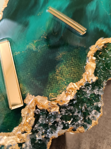 Ceas de perete handmade rasina epoxidica – Butterfly Simetric Smarald Auriu, unicat 55 cm [6]