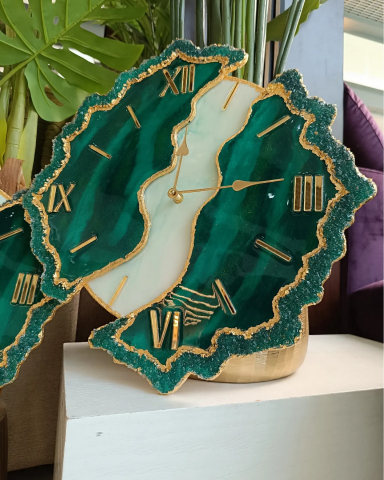 Ceas de perete handmade rasina epoxidica – Butterfly Simetric Smarald Auriu, unicat 55 cm [2]