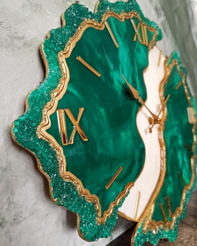Ceas de perete handmade rasina epoxidica – Butterfly Simetric Smarald Auriu, unicat 55 cm [4]
