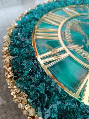 Ceas de perete handmade rasina epoxidica – Geode Marmorat Auriu Smarald, unicat 40–90 cm [4]