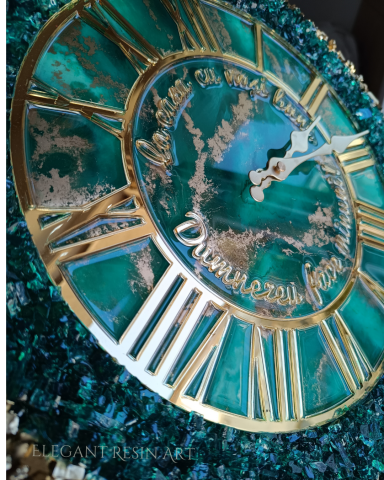 Ceas de perete handmade rasina epoxidica – Geode Marmorat Auriu Smarald, unicat 40–90 cm [12]