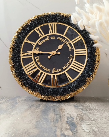 Geode Monocrom - Ceas de perete handmade rășină epoxidică – Geode Monocrom Negru Auriu, unicat 40–90 cm