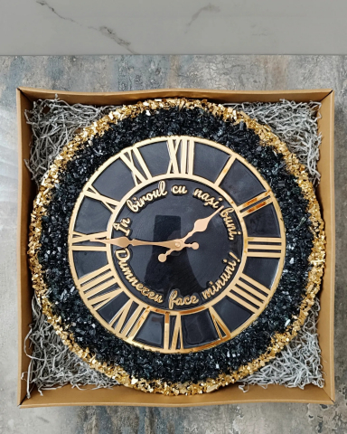 Ceas de perete handmade rășină epoxidică – Geode Monocrom Negru Auriu, unicat 40–90 cm [4]