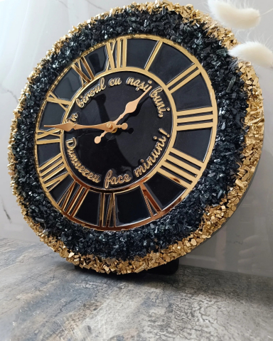 Ceas de perete handmade rășină epoxidică – Geode Monocrom Negru Auriu, unicat 40–90 cm [3]