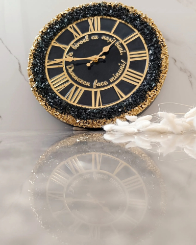 Ceas de perete handmade rășină epoxidică – Geode Monocrom Negru Auriu, unicat 40–90 cm [1]