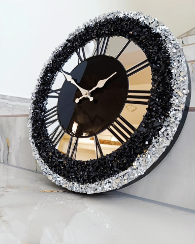 Ceas de perete handmade din rășină – Geode Monocrom Negru Diamond, unicat 40–90 cm [1]