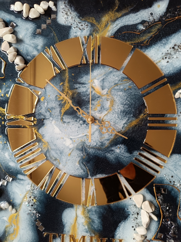 Ceas de perete handmade din rășină – Marbled Canvas Negru Auriu, unicat 30×40 / 50×70 cm [5]