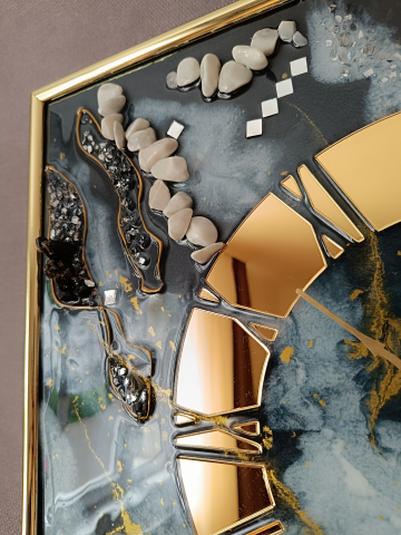 Ceas de perete handmade din rășină – Marbled Canvas Negru Auriu, unicat 30×40 / 50×70 cm [3]