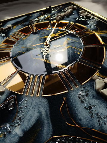 Ceas de perete handmade din rășină – Marbled Canvas Negru Auriu, unicat 30×40 / 50×70 cm [4]