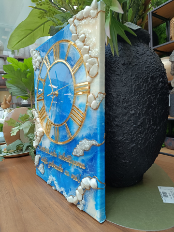 Ceas de perete handmade rășină epoxidică – Ocean Bleu Marin și Pietre Albe, unicat 30x40 / 50x70 cm [5]